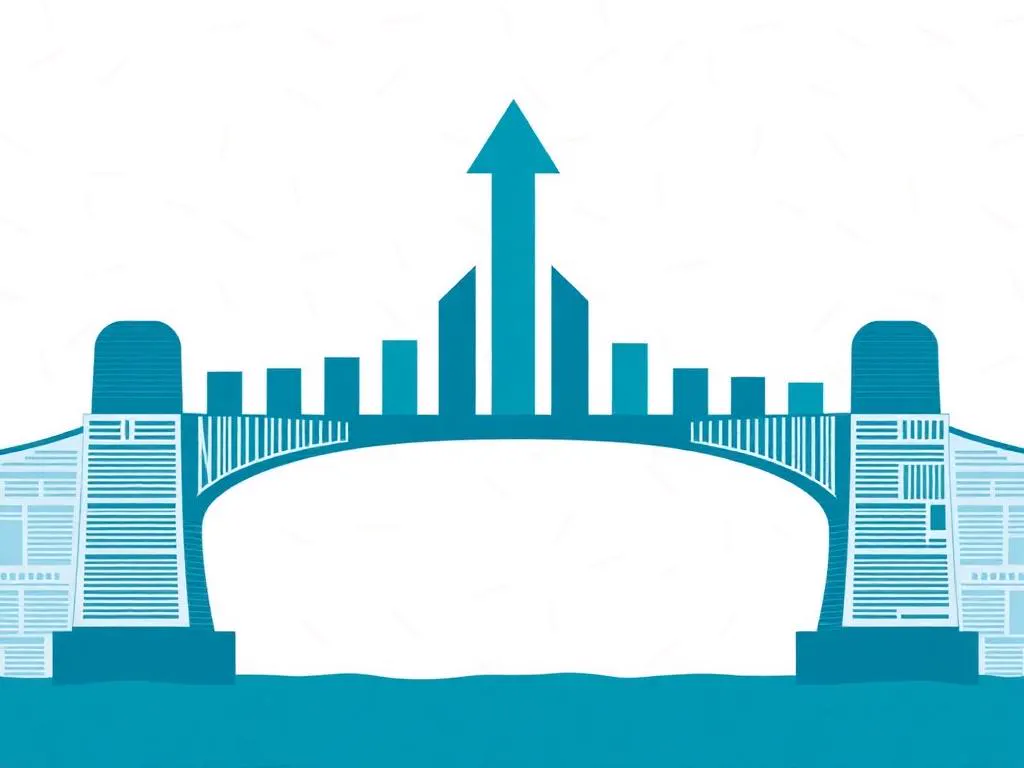 A bridge built from newspaper columns with a rising bar chart and arrow above it