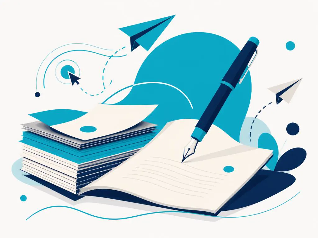 A fountain pen writing on an open notebook beside a stack of pages and paper planes