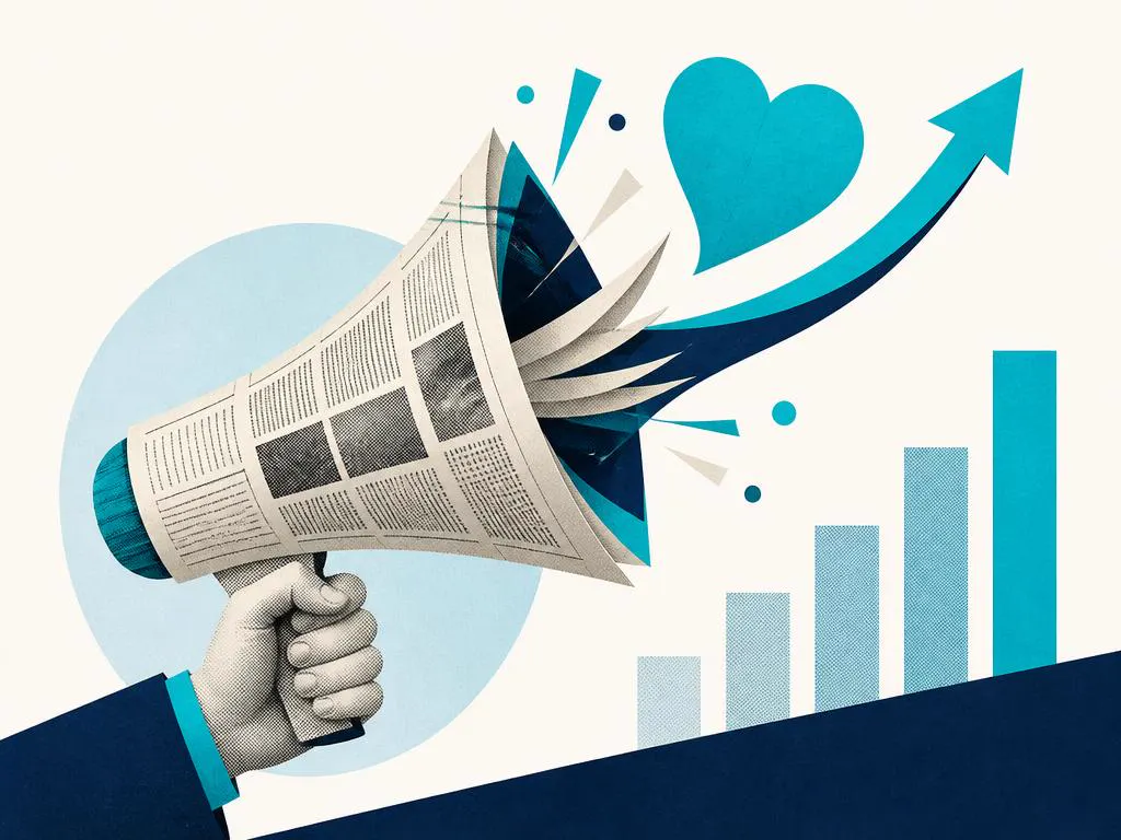 A hand holding a newspaper megaphone with a heart, rising arrow and bar chart