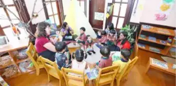 A teacher sitting with a group of young children around wooden tables in a bright Eton House classroom