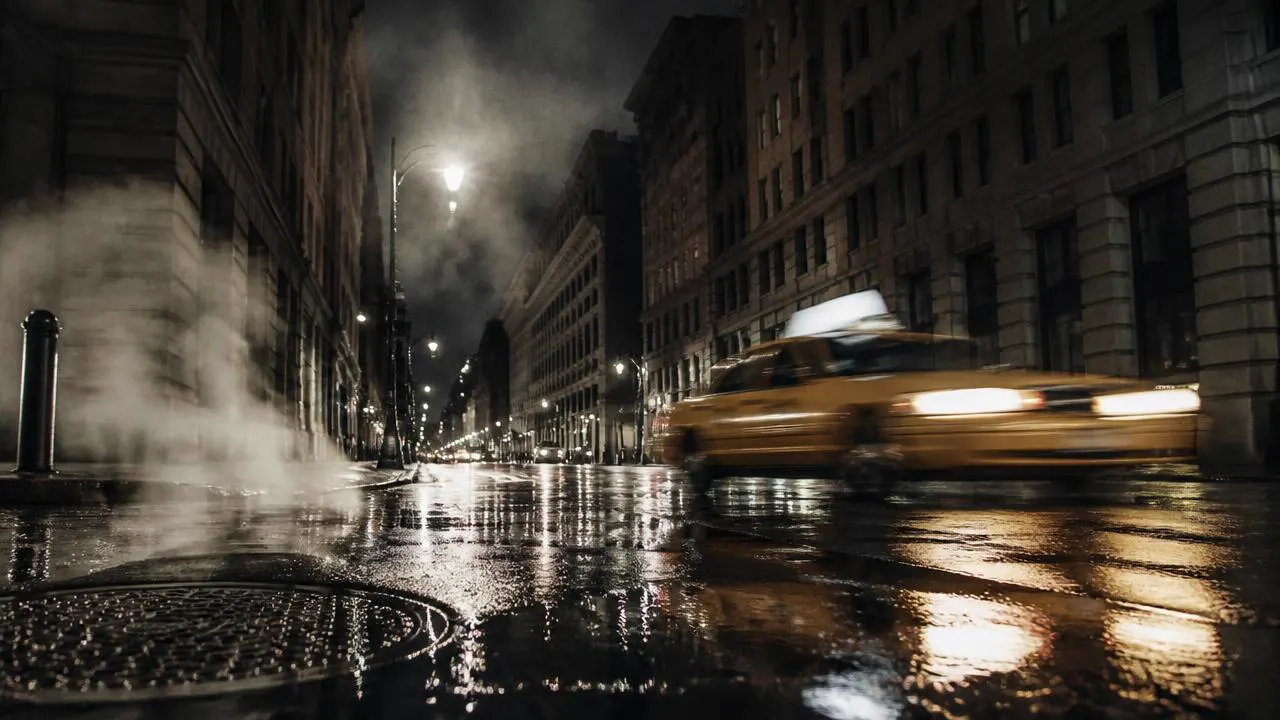 A yellow taxi blurred in motion on a rain-slick New York City street at night