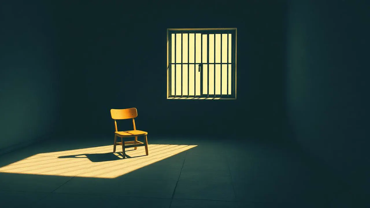 An empty chair in a bare prison room lit by light through barred windows