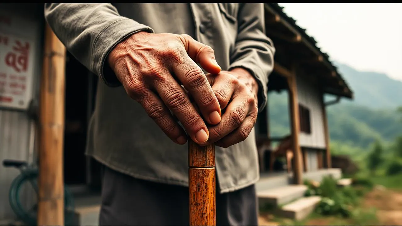 An elderly man's hands resting on a walking stick outside a rural home in the Shan hills