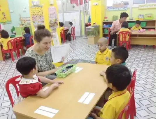 A teacher reading with young children around a table in a colourful pre-school classroom